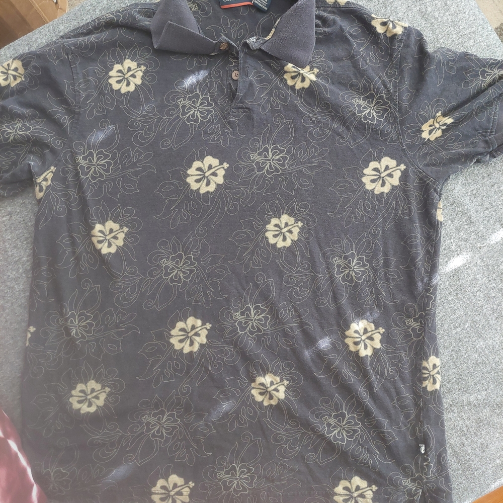 Ocean Pacific Black and Cream Floral Polo Shirt XL